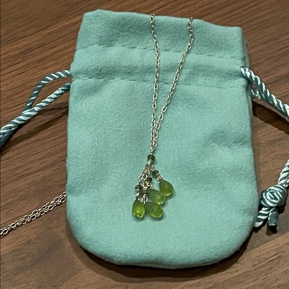 Green peridot necklace on silver chain. Cute necklace in drawstring pouch